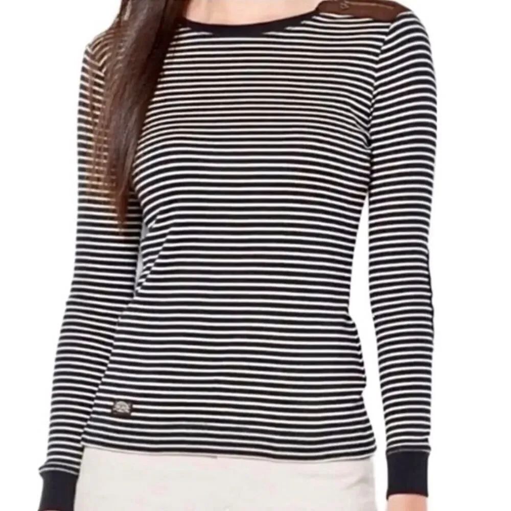 VTG Lauren Ralph Lauren Navy White Striped Leather Elbow Patch Long Sleeve Tee S